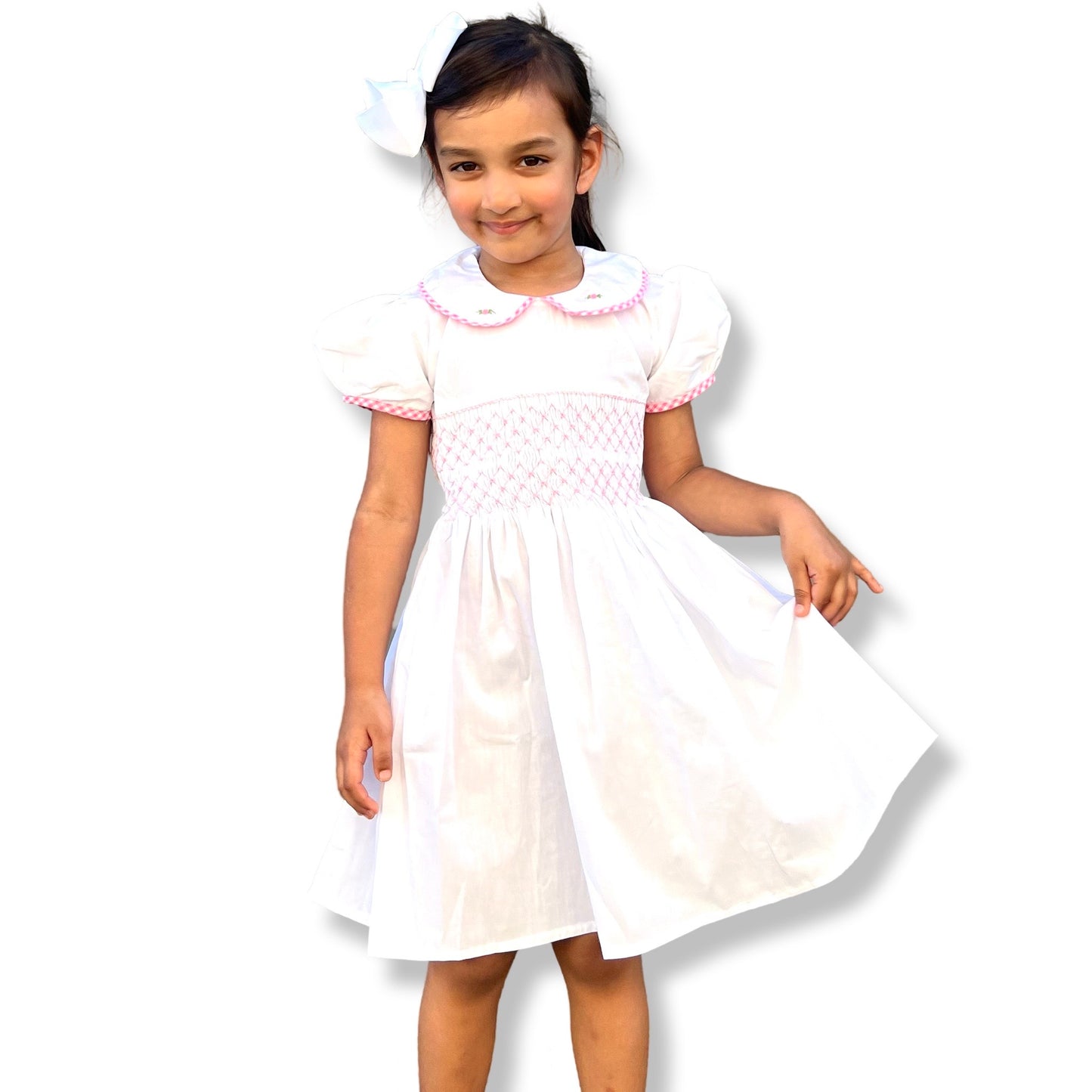 white hand smock dress